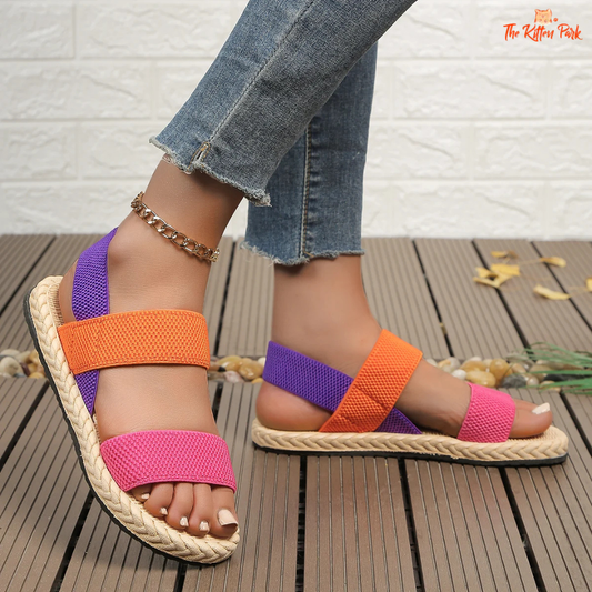 Women's elastic flat sandals – anti-slip summer footwear with colorful synthetic upper, flat heel, and PVC insole for casual comfort.