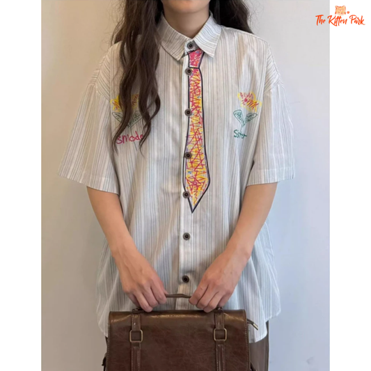 Y2K Hand Painted Shirt – Oversized Harajuku blouse with a hand-painted print and single-breasted closure, perfect for vintage summer streetwear.