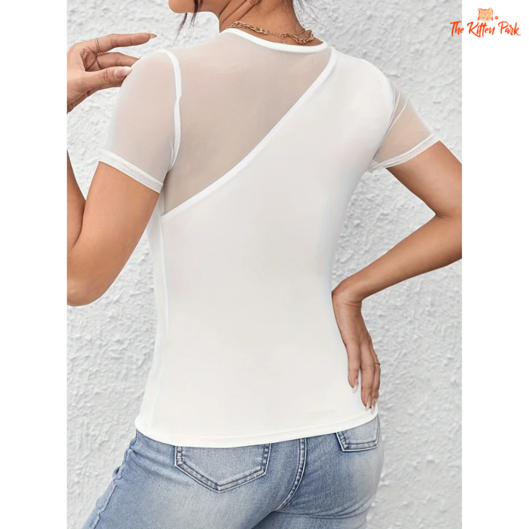 2025 Sexy Black Mesh T-Shirt – Women's slim fit short sleeve top with O-neck design, ideal for summer clubwear.