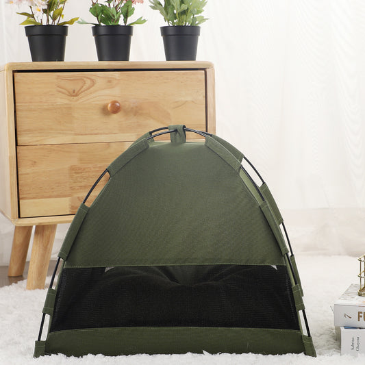 Cozy Camp: Adorable Olive Green Mini Tent Pet Bed