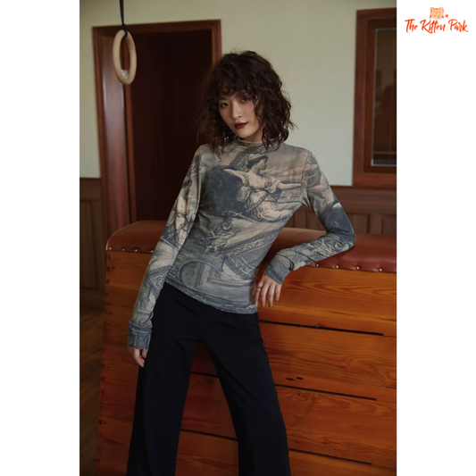 Vintage-inspired Renaissance print slim turtleneck top with soft knitted fabric and bodycon fit, ideal for fall and winter layering.