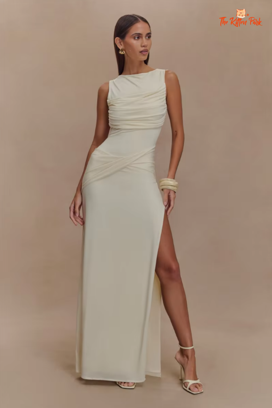 Backless ruched floor-length maxi dress for women, featuring sleeveless tank style, O-neckline, high split, and sexy clubwear silhouette, made of polyester and spandex knit fabric