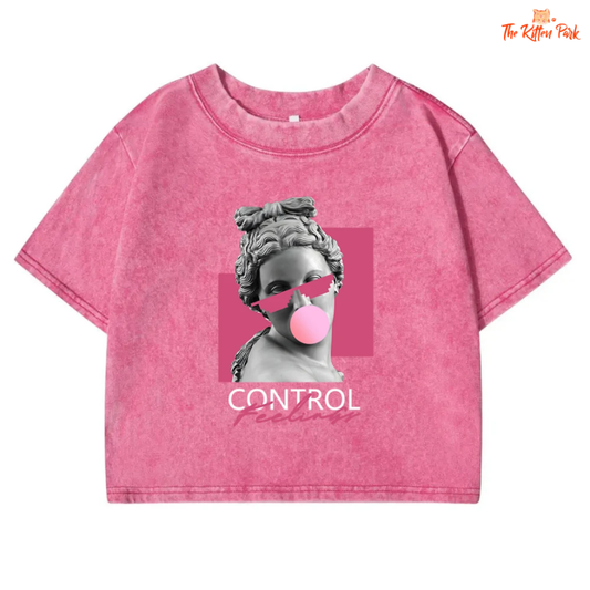 Women's Sculpture Bubble Art crop tee – distressed washed cotton streetwear t-shirt for summer 2025.