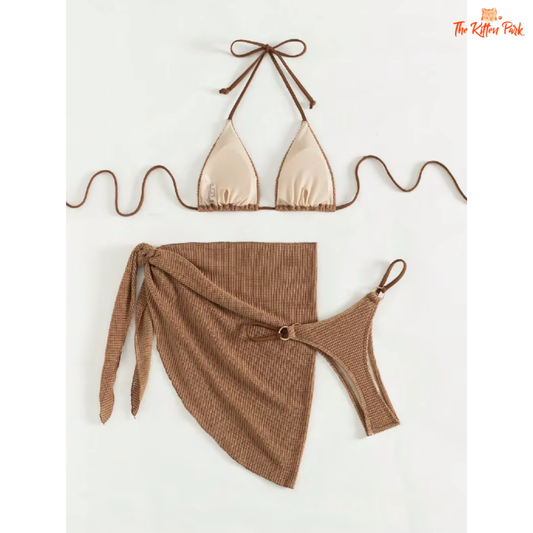Elegant brown 3-piece bikini set with halter push-up top, matching bottoms, and sheer skirt cover-up.
