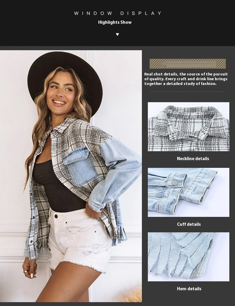 Womens Brown Plaid Mini Denim Coat
