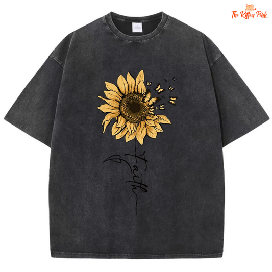 Women's sunflower butterfly graphic tee – vintage washed oversized t-shirt with cartoon design and distressed cotton finish.