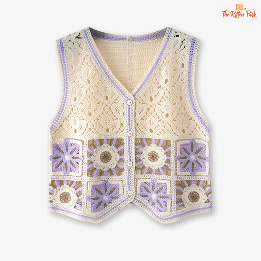 Boho crochet vest – sheer square knit sleeveless button top for women with embroidery, summer bohemian style.