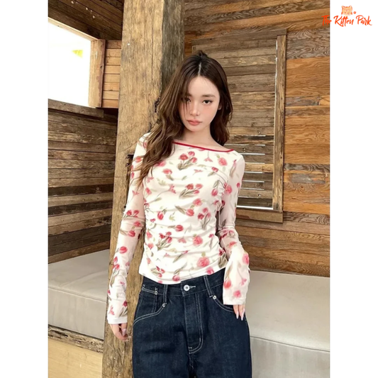 Sexy backless mesh lace-up tee with floral pattern, slim fit, and long sleeves—perfect for vintage Korean club style in spring/summer.