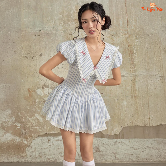 Korean Stripe Puff Sleeve Mini Dress – V-neck A-line summer dress with preppy Y2K charm, puff sleeves, and striped print for a playful 2025 look.