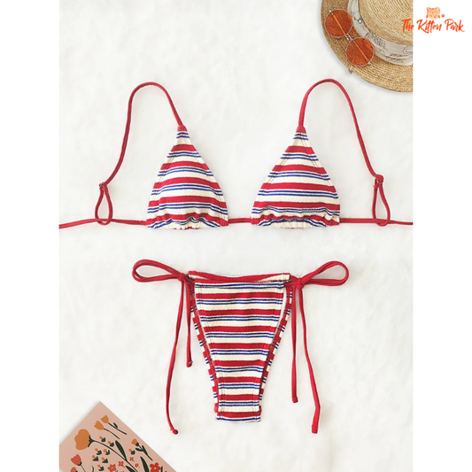 Women's Sexy Stripe Push-Up Bikini Set – 2025 triangle neck two-piece swimsuit with bandage detail and low waist fit in striped design.