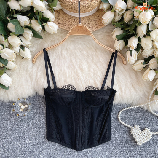 Sweet lace corset crop top – slim vintage bustier tank with super-short cut and lace details for summer club looks.
