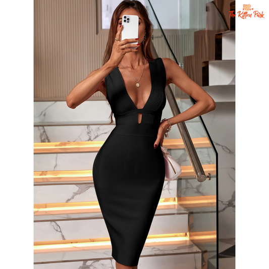 Elegant black bodycon midi dress for women featuring a sexy backless design, V-neckline, and spaghetti straps—ideal for summer parties or evening events.