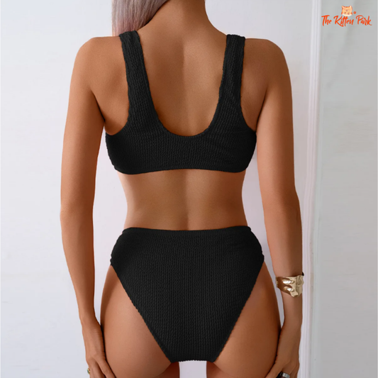 2025 High Waist Bikini Set – V-neck backless 2-piece swimsuit for women with bandage detail, patchwork design, and wire-free padded comfort.