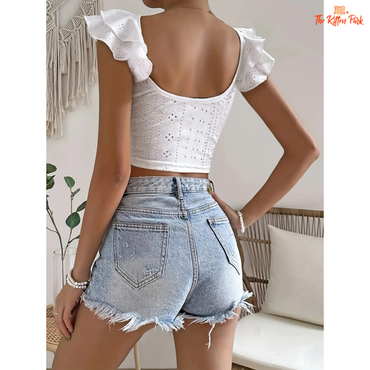 Sexy Y2K camisole vest – flutter sleeve super-short tank top with hollow-out detail for women’s spring & summer fashion.