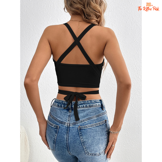 Crisscross halter crop top for women with tie-back detail – sleeveless and super-short, perfect for parties.