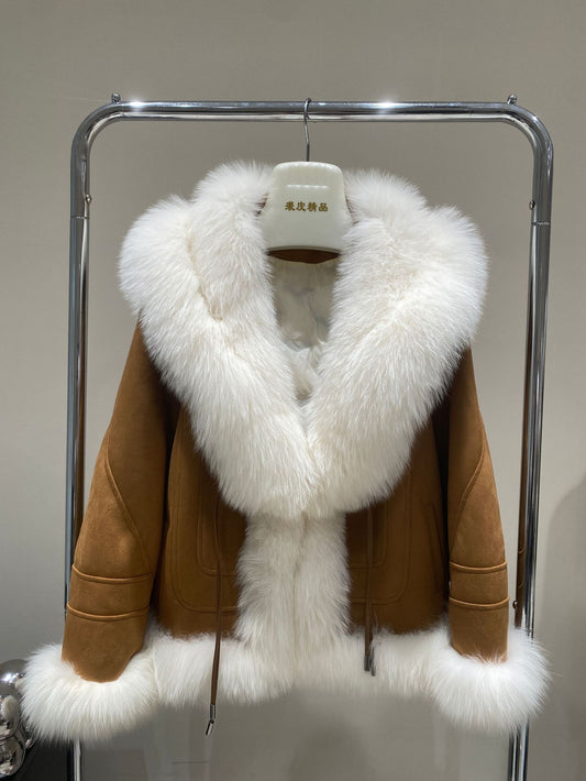 New Green Stitching Large Lapel Collar Fur Inside Coat For Women