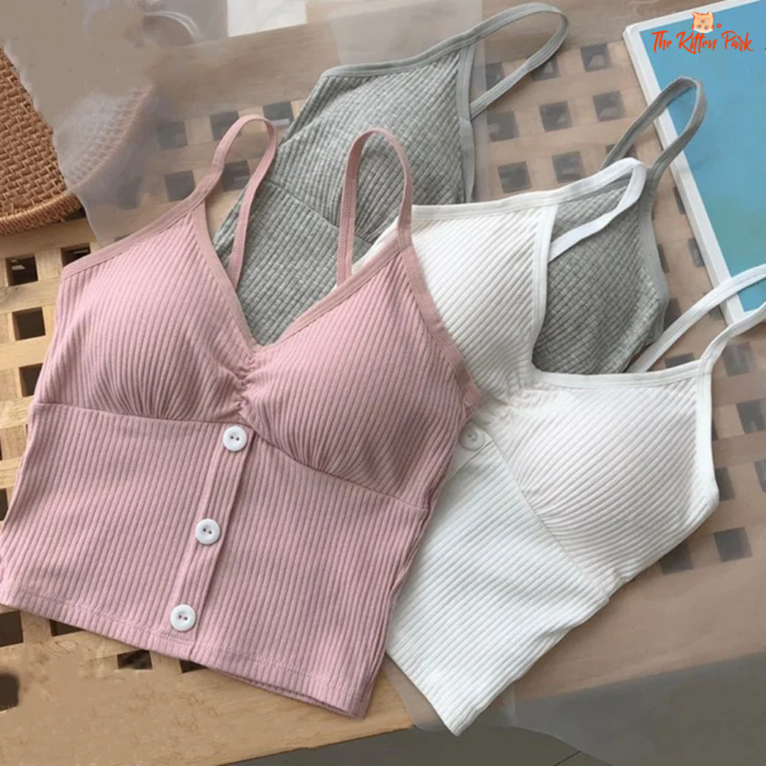 Cotton knitted tank top – buttoned strap crop camisole vest for women in soft casual knit.