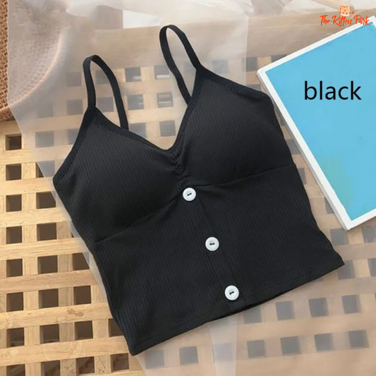 Cotton knitted tank top – buttoned strap crop camisole vest for women in soft casual knit.