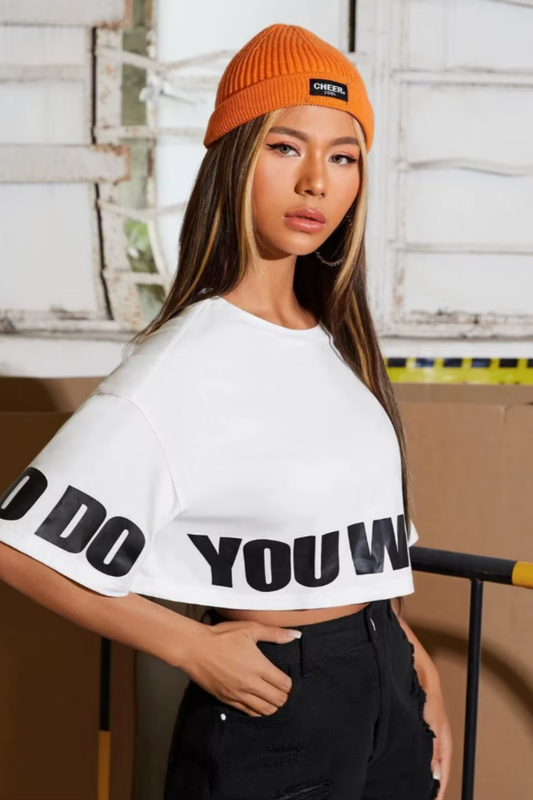 White cotton letter-print summer t-shirt with short sleeves and O-neck, styled in loose fit for casual streetwear