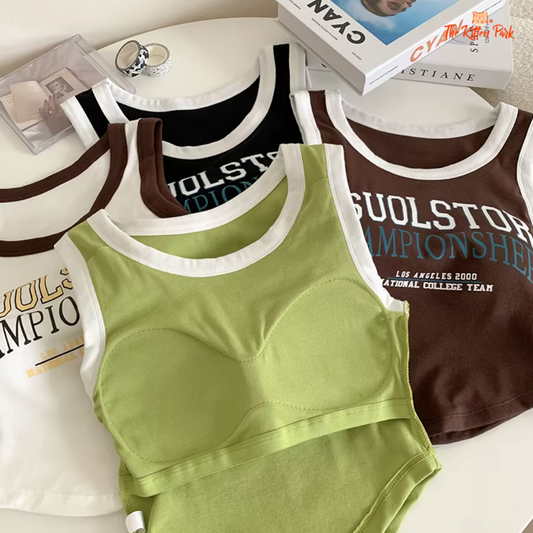Colorblock Korean streetwear crop tank with letter print and built-in bra, short length, sleeveless design for summer casual wear.