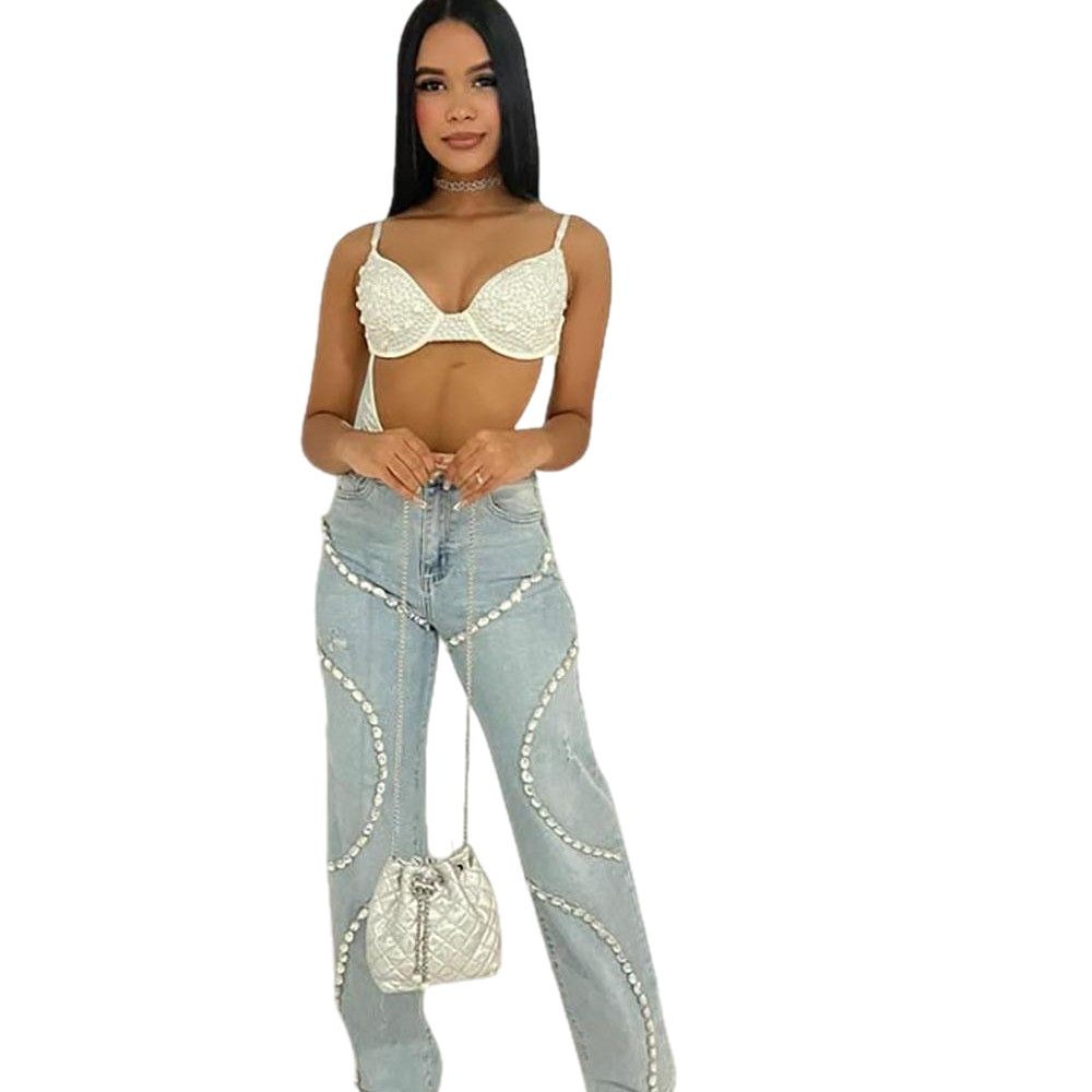 Blue Diamond Studded Hollow Straight Jeans For Women