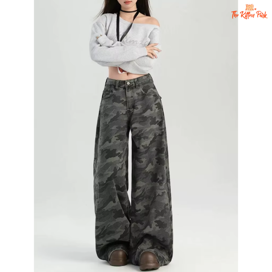 Retro-style high waist cargo pants for women, with light wash, zipper fly, straight leg cut, and utility pockets for all-season streetwear.