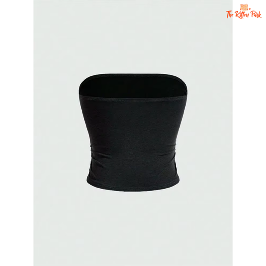 Gothic Y2K off-shoulder tube top in black with printed design, sleeveless cut, and cropped fit made from polyester-spandex blend.