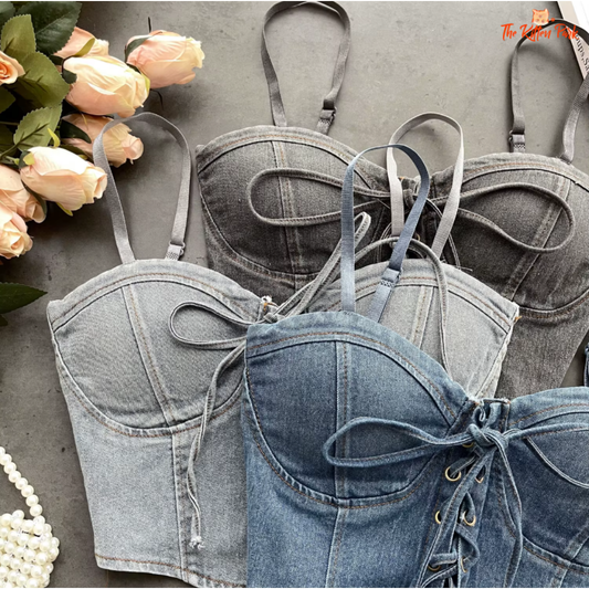 Super-short denim lace-up camisole top with backless design, vintage folds, and sleeveless cut for bold summer streetwear.