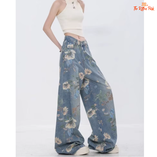 Y2K-style wide leg jeans with floral bleach print, distressed finish, high waist, and loose fit for vintage Korean streetwear looks.