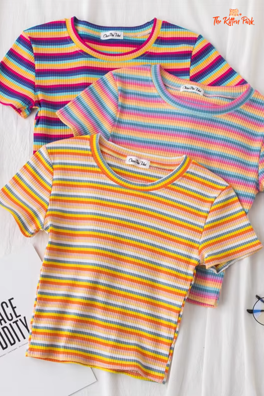 Pastel rainbow striped slim fit t-shirt for women, summer casual short sleeve Korean style top