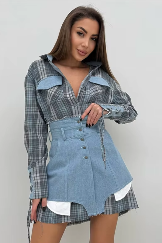 Preppy women’s set featuring a striped button-up shirt and a patchwork mini skirt in a slim fit silhouette, styled for spring and summer office chic.