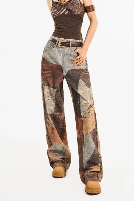 Cyber Y2K baggy jeans with 3D print, vintage patchwork, mid-rise waist, loose wide-leg fit, and stacked silhouette in distressed denim.