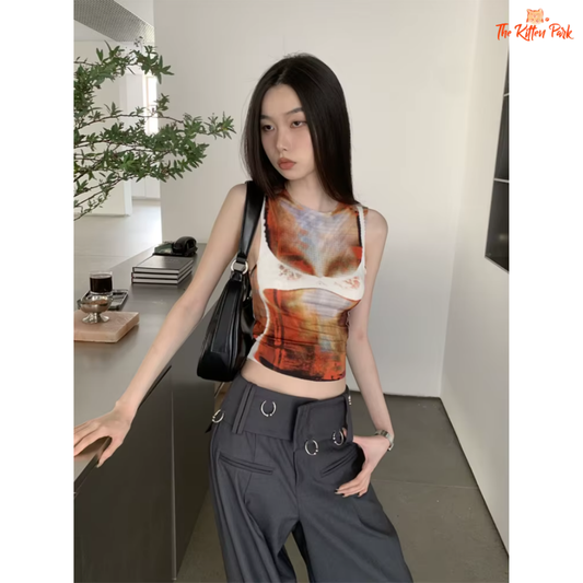 Women's cropped Cyber Y2K tank top with pixel tie-dye design, grunge streetwear style for summer, made of stretchy polyester-spandex jersey fabric.