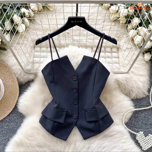 Elegant summer strap tank top with button-down style in soft blended fabric, designed for office-ready basics and lightweight daily wear.