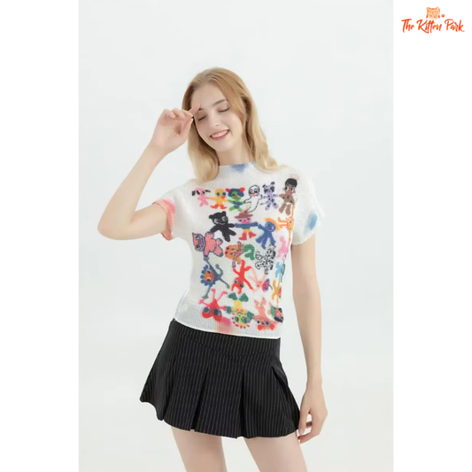 Y2K-style Harajuku graphic T-shirt featuring a humorous animal print, short sleeves, and regular fit; made of cotton and polyester knit for summer wear.