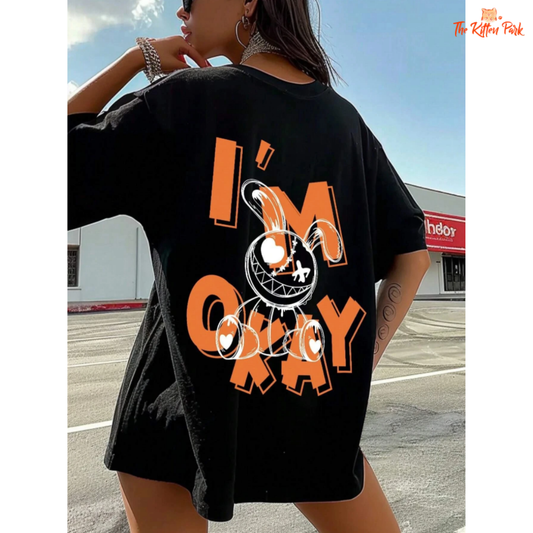 Women’s summer t-shirt featuring a cute cartoon rabbit with “I Am Okey” text, made of soft cotton in regular fit with short sleeves and O-neck design.