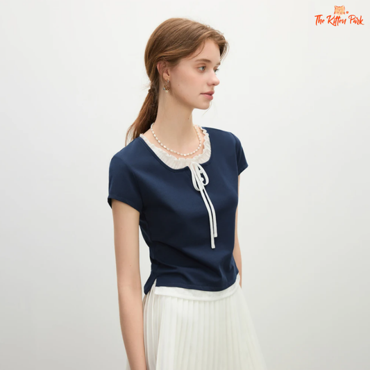 Navy blue Korean-style fake two-piece tee with sailor collar and lace-up detail. Soft cotton-lyocell blend for a cute, casual summer outfit.