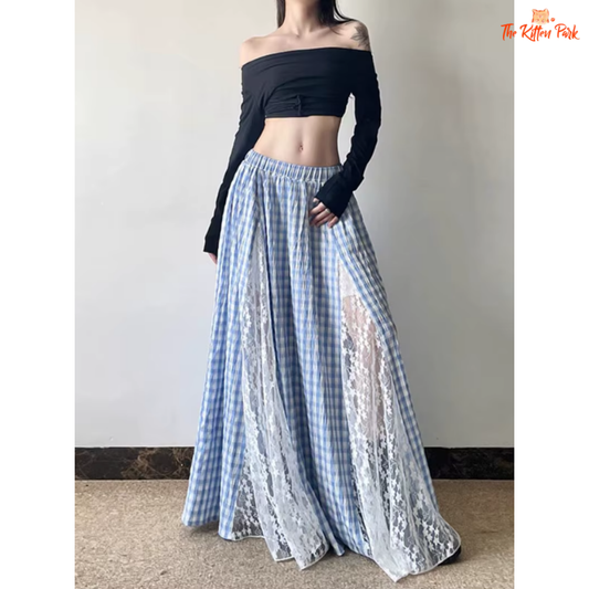 Elegant floor-length vintage A-line skirt for women with lace patchwork and plaid pattern, made from cotton and polyester for Spring/Summer style.