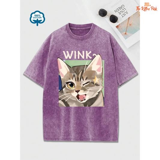 Wink cat print t-shirt – casual oversized cotton tee for women with cartoon design and hip hop style, Summer 2025.
