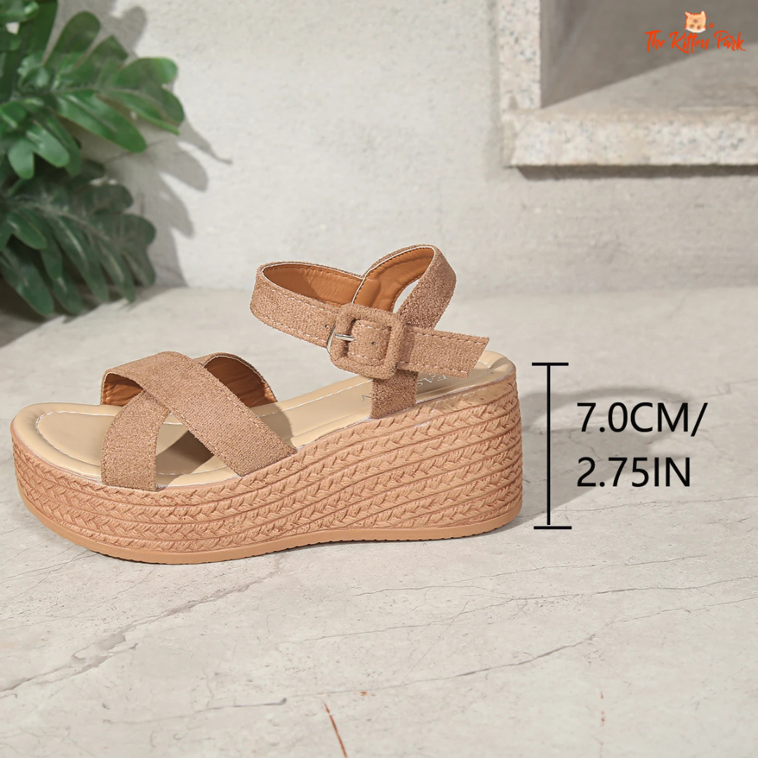 Women's 7cm wedge sandals – PU platform shoes with buckle strap, open vamp, and high heel for stylish summer comfort.