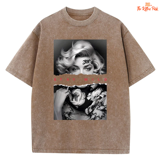 Vintage washed cotton T-shirt for women with classic portrait print, distressed detailing, and a loose streetwear fit—perfect for summer.