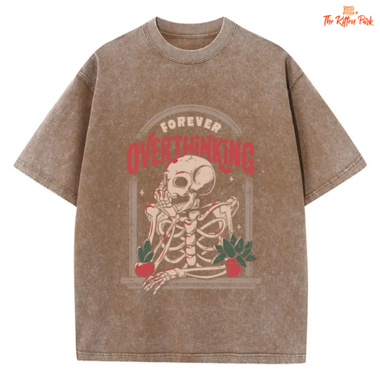 Oversized washed cotton T-shirt for women with skeleton balcony letter print, short sleeves, and a distressed streetwear design.