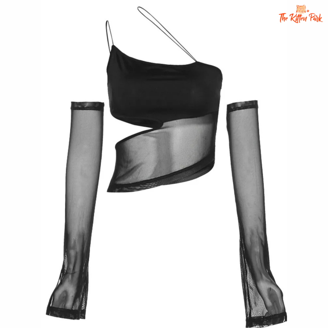 Asymmetrical mesh crop top – fairy grunge tank with sleeves and cut-out details for women’s summer outfits.