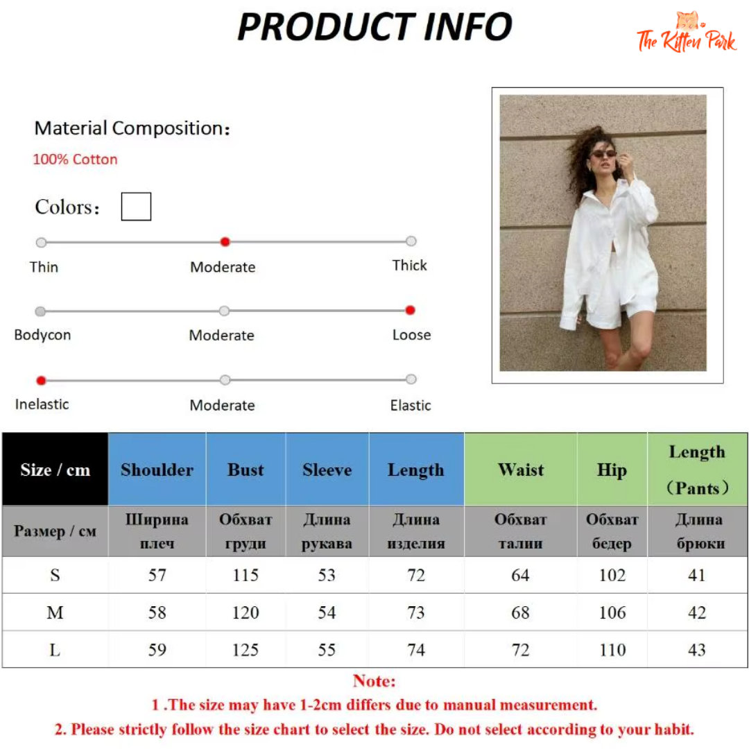 100% Cotton Shorts Set – Solid Color Lapel Shirt & Elastic Waist Summer Suit for Women