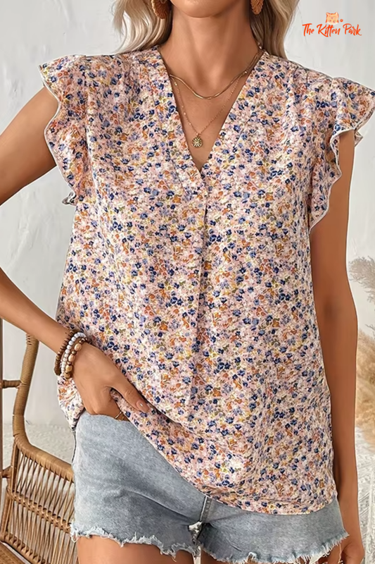 A soft, breathable floral sleeve top for women, perfect for spring and summer. Featuring a V-neck design and slim fit, this elegant casual piece is ideal for a gentle, sweet style. Available in a delicate pink shade.