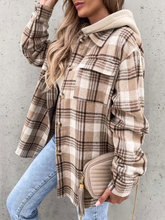 Womens Casual Hooded Plaid Shirts Jacket