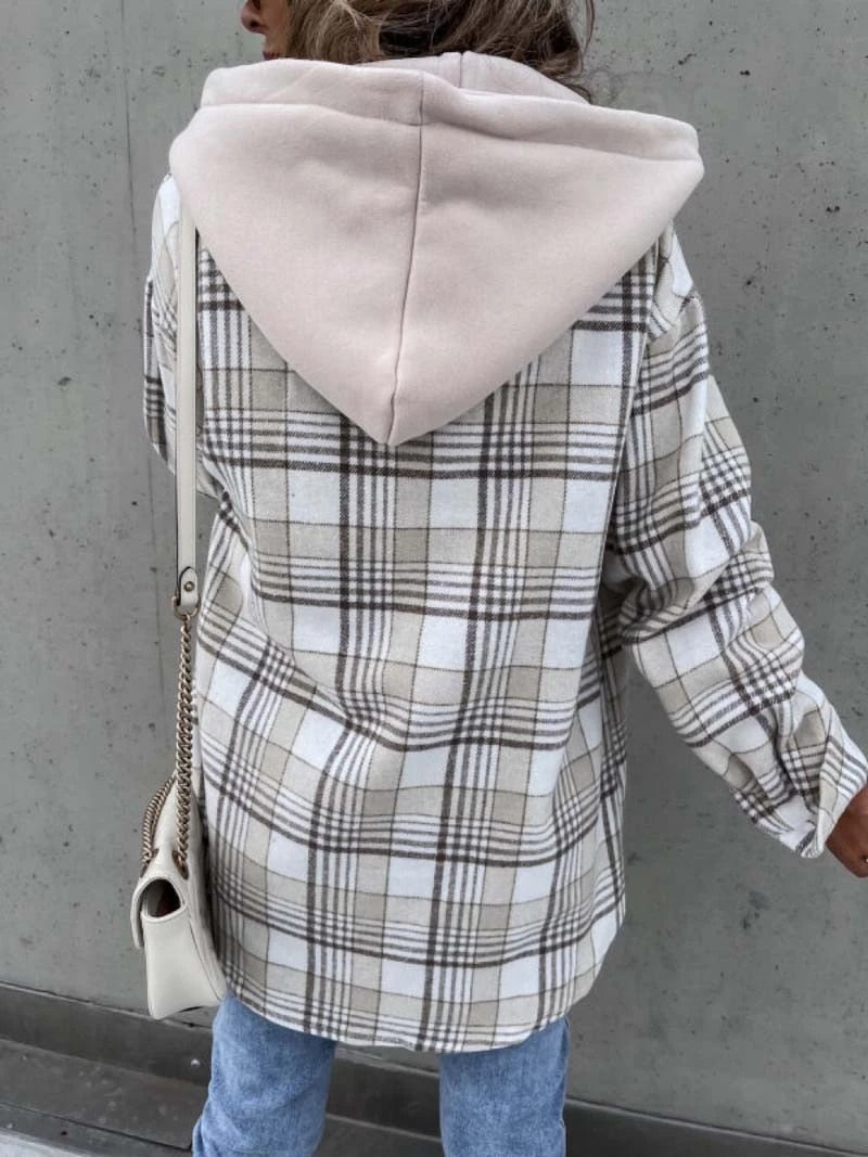 Womens Casual Hooded Plaid Shirts Jacket