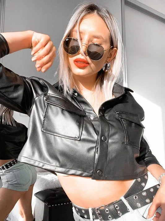 Womens Faux Leather Cropped Jacket