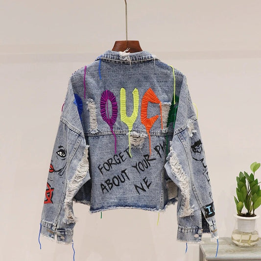 Women Letter Print Diamonds Denim Jacket