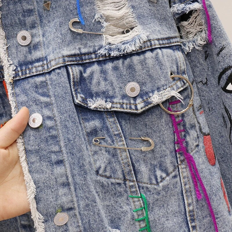 Women Letter Print Diamonds Denim Jacket